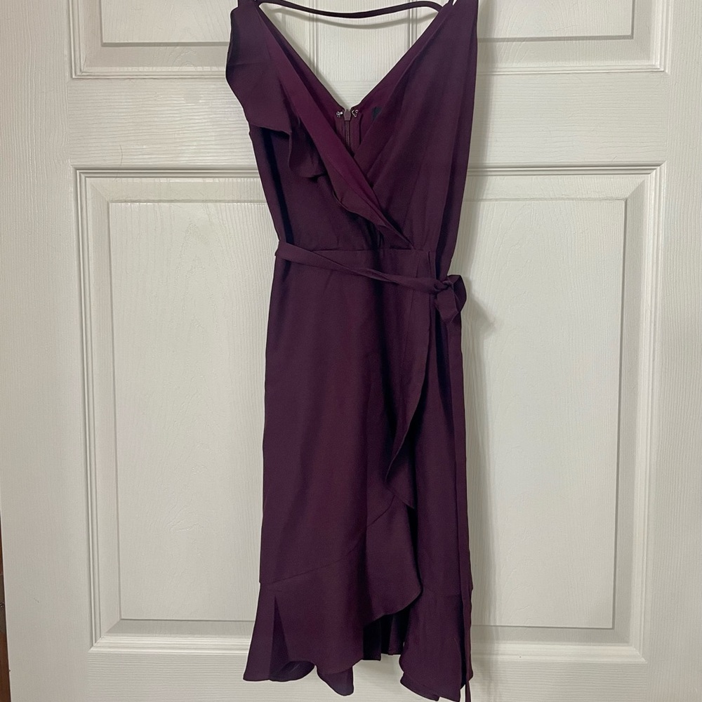 Purple, ruffle mini dress with tie belt and open back - Small